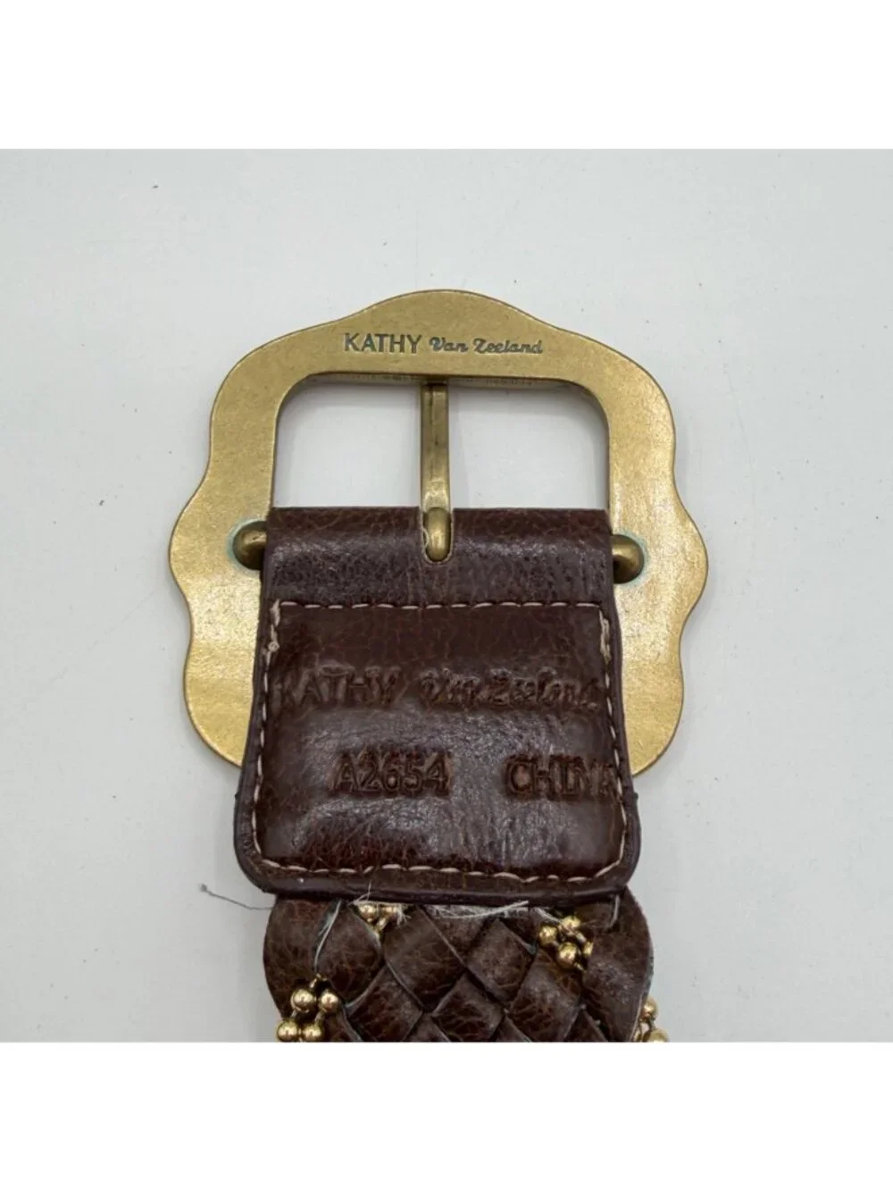 Kathy Van Zeeland Brown Braided Leather Belt w/ Bead Detail Boho Festival